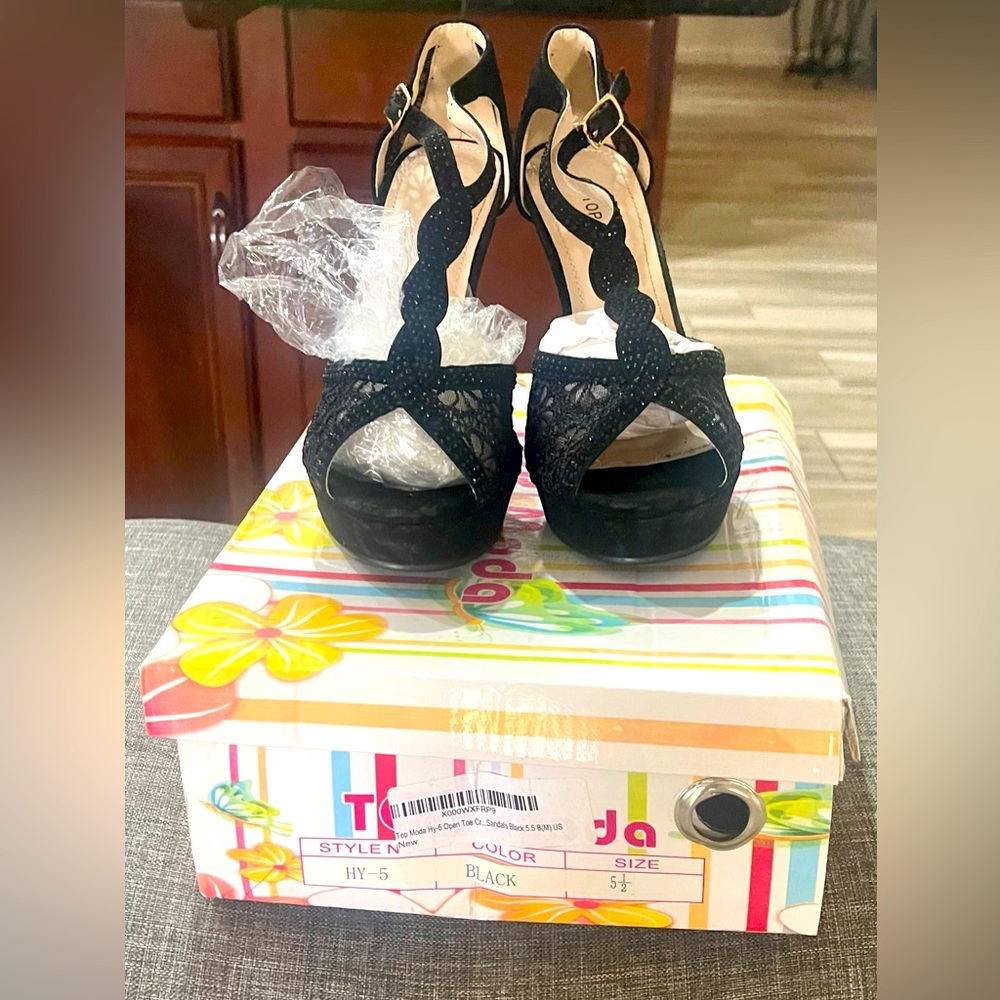 Top Moda Black Lace Platform Heels